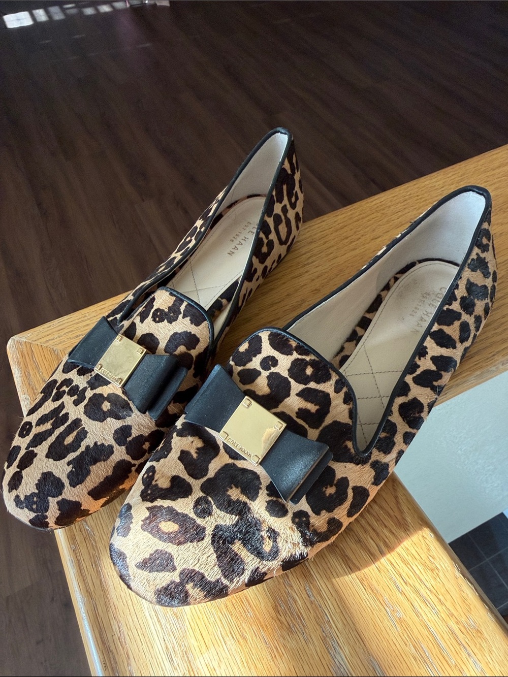 Cole Haan Leopard Print Loafers with Black Bow & Gold Plate